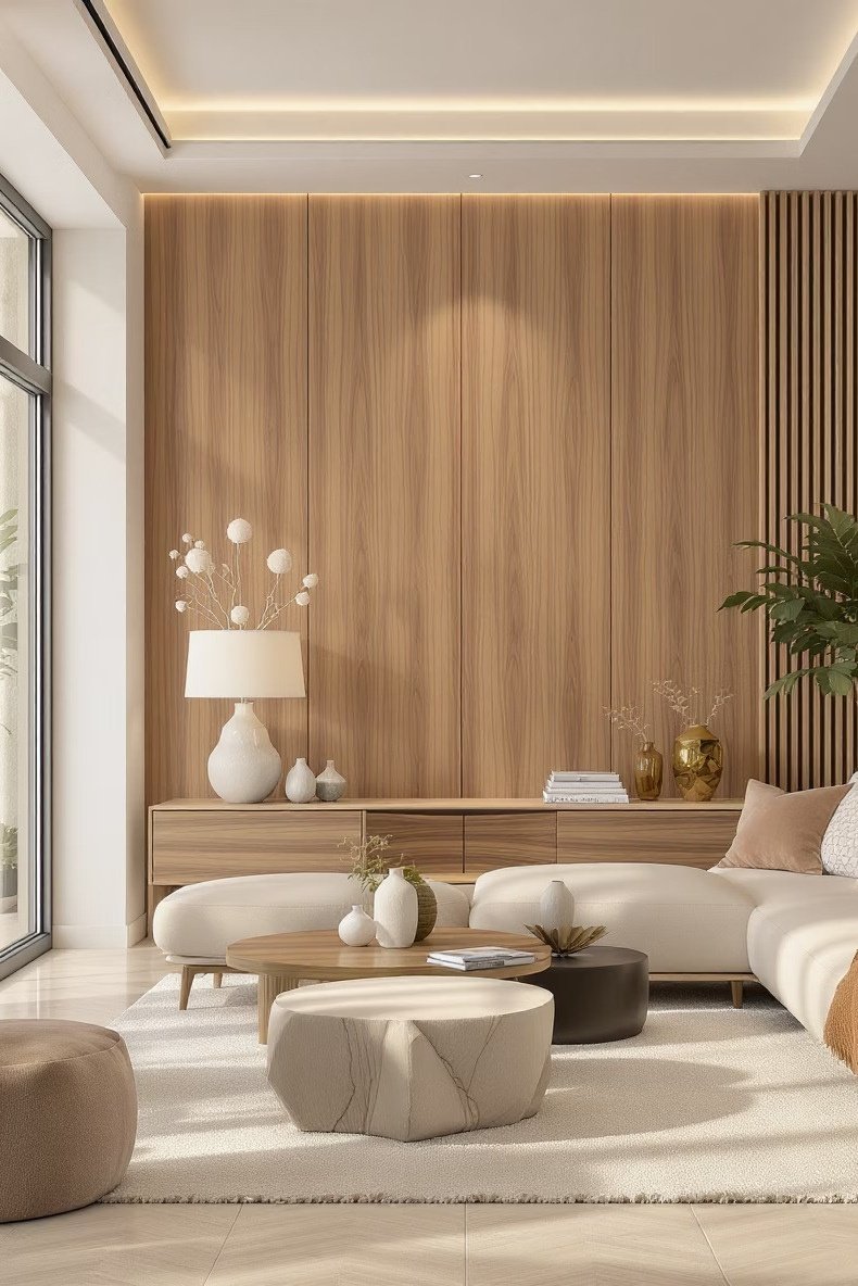 Modern architectural wood slat wall paneling and floating credenza