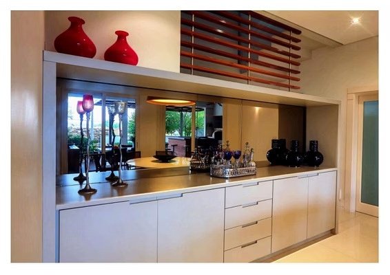 Contemporary dining buffet credenza with bronze mirror and slatted screen