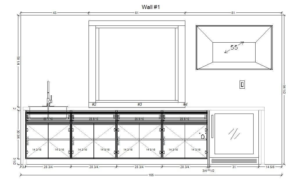 Dimensioned cabinet elevation shop drawing prepared by M11 Design Group before CNC cutting