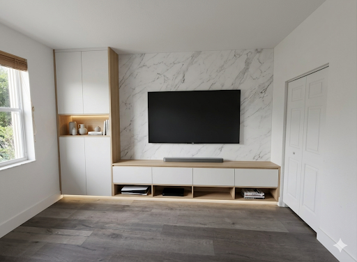 Built-in media wall cabinetry by M11 Design Group in a South Florida living room