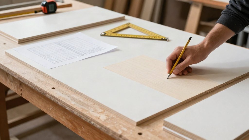 Marking a cabinet panel on a shop workbench next to a printed cut list