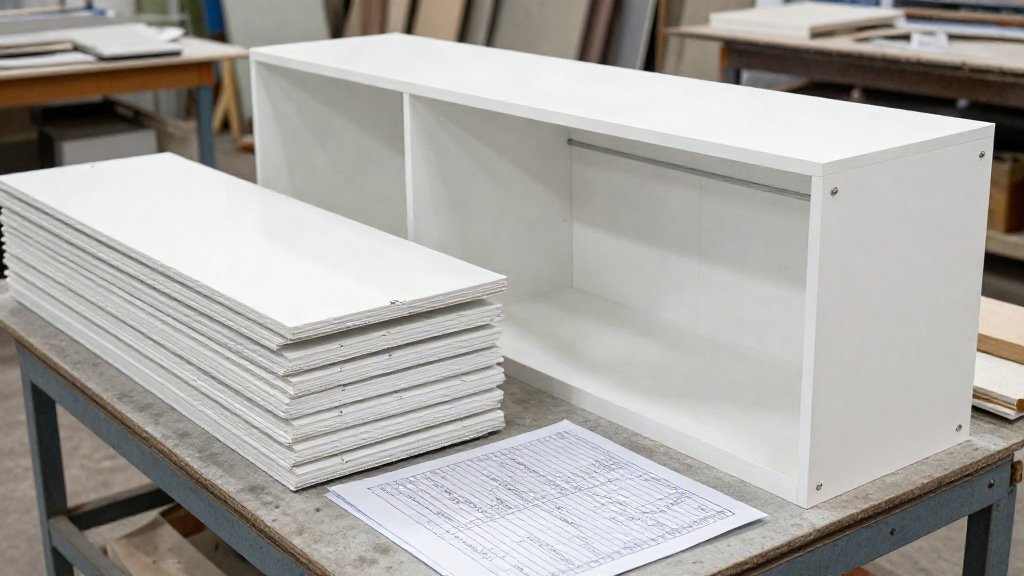 Stack of cut white cabinet panels beside an assembled cabinet box and a printed cut list on a shop bench
