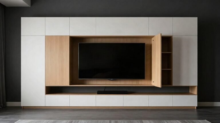 Concept render of a built-in TV wall unit with hidden storage: flat white doors, a wood-tone media niche and one door open on concealed shelves