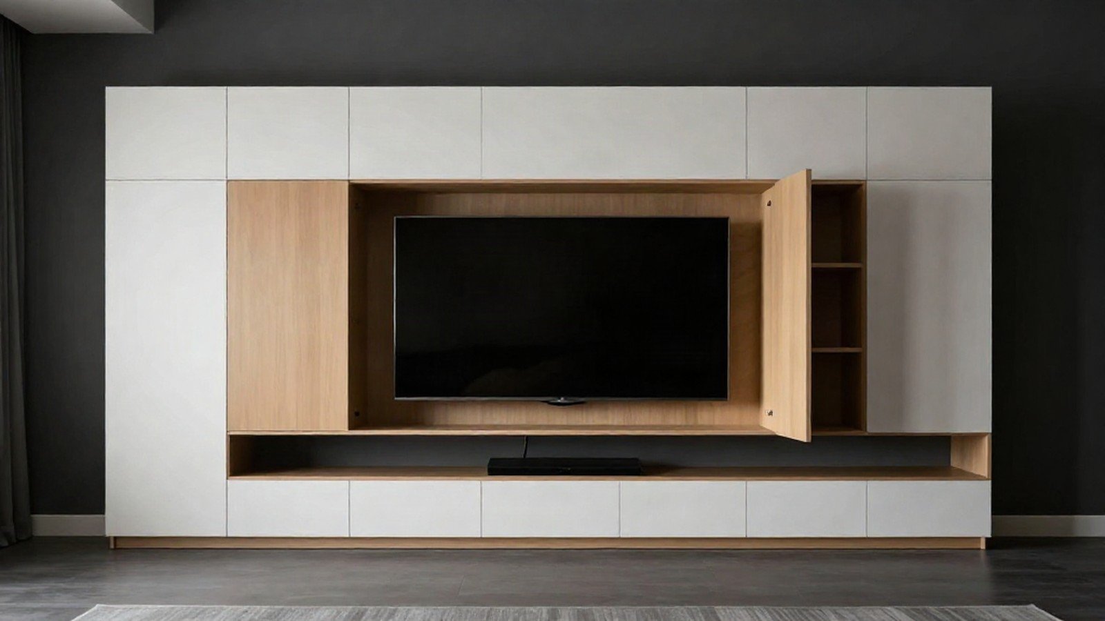 Concept render of a built-in TV wall unit with hidden storage: flat white doors, a wood-tone media niche and one door open on concealed shelves